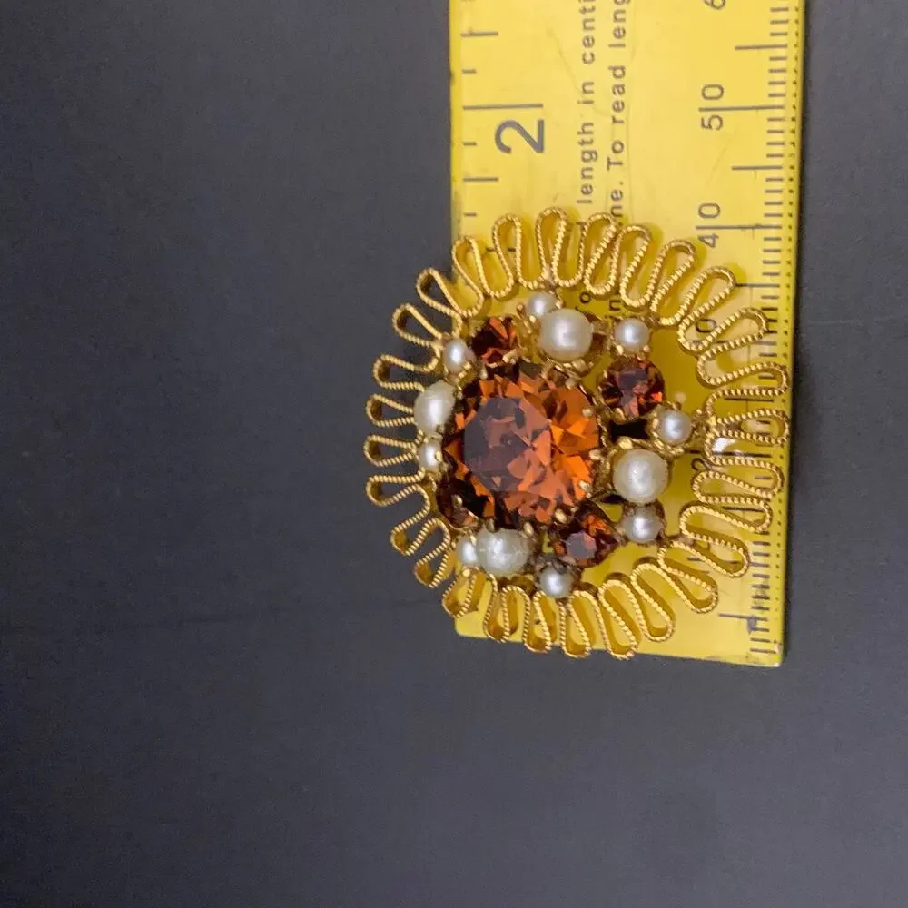 Vintage Austrian Crystal Brooch Pin Made In Austria Smokey Amber Brown Crystal
